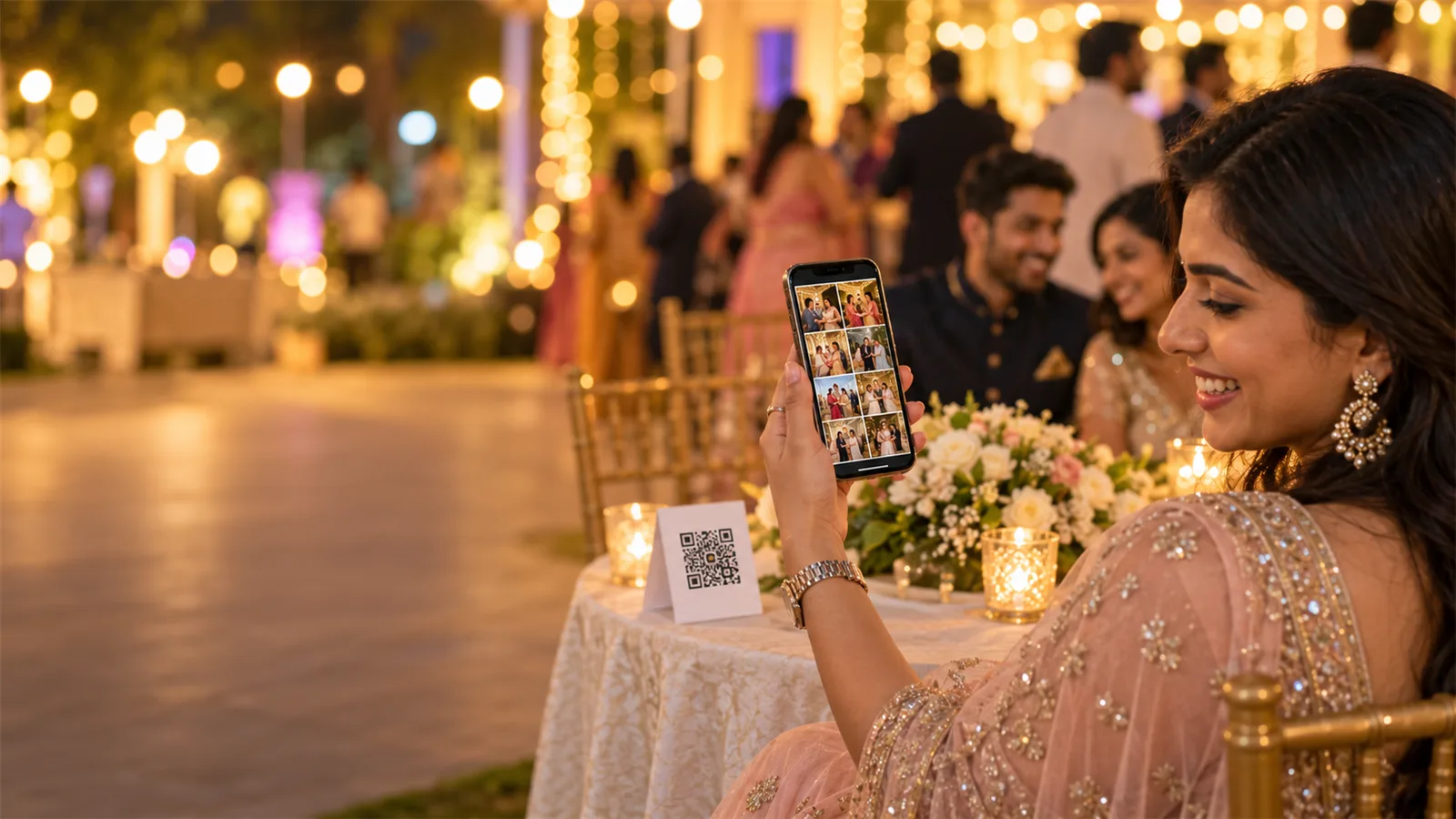 A wedding guest looks at her personal photo gallery on her phone, next to a QR code table card