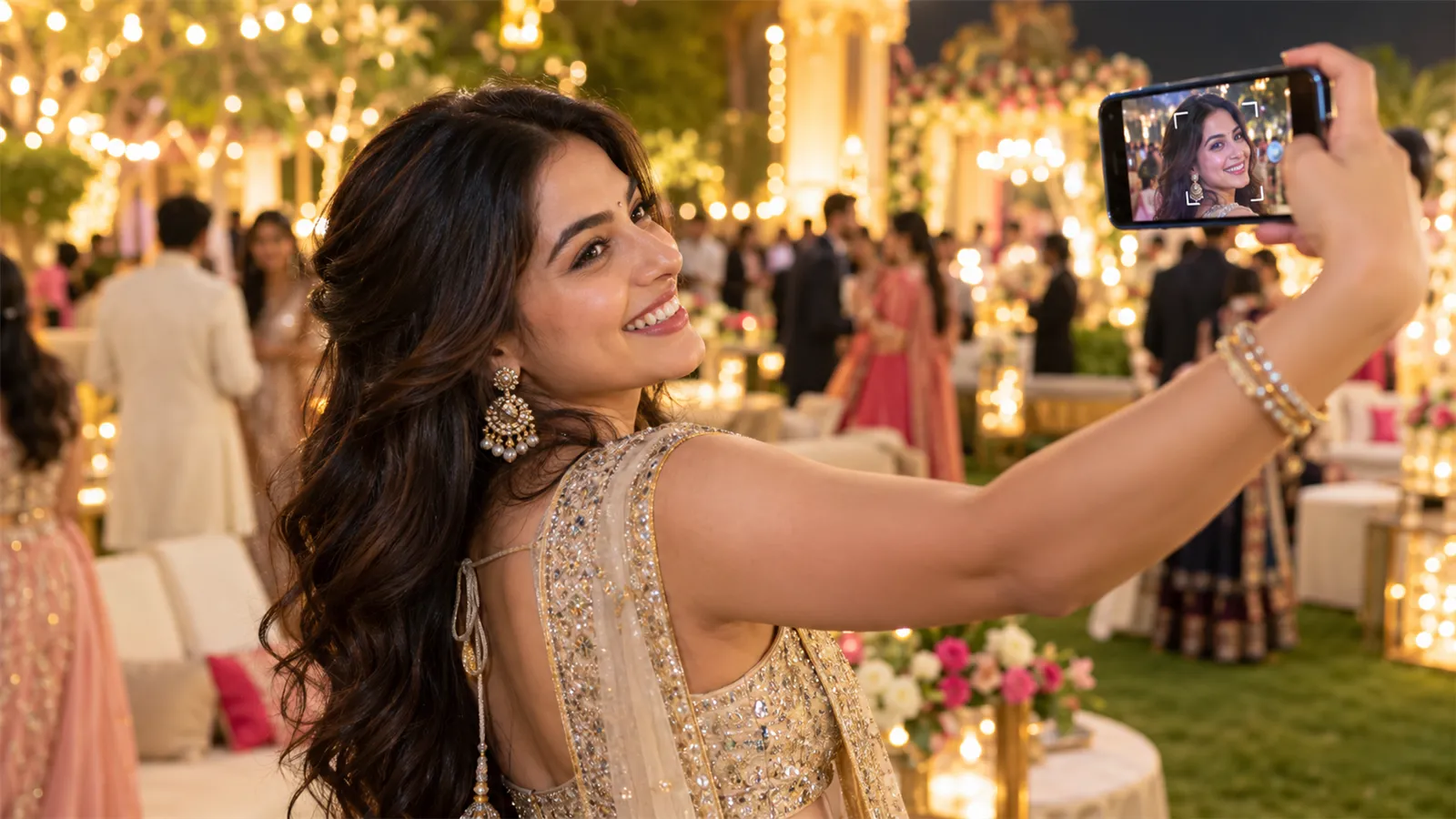 A wedding guest takes a selfie at arm's length to find her photos