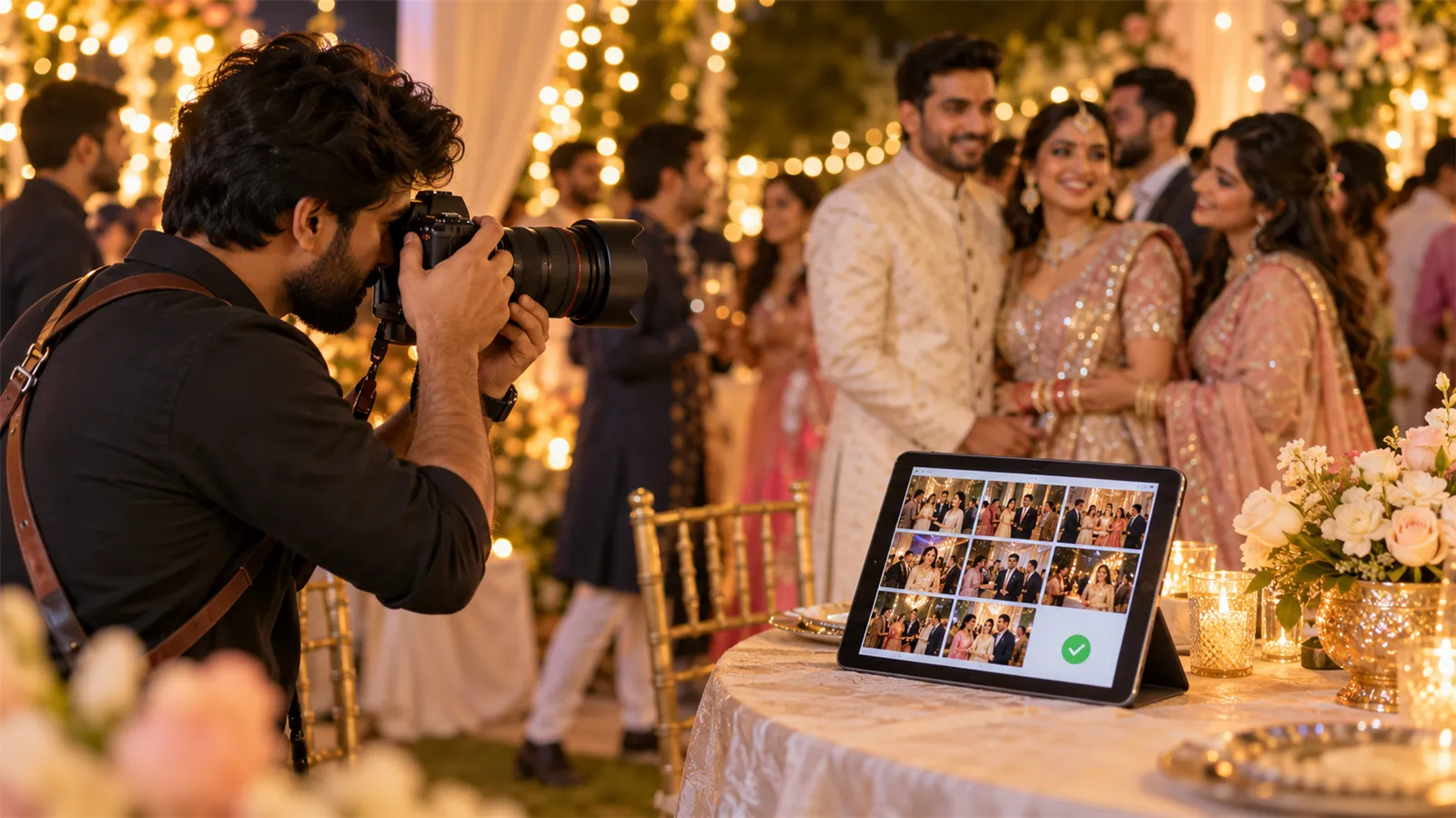 A photographer shoots a wedding while a tablet beside him shows the gallery filling with new photos