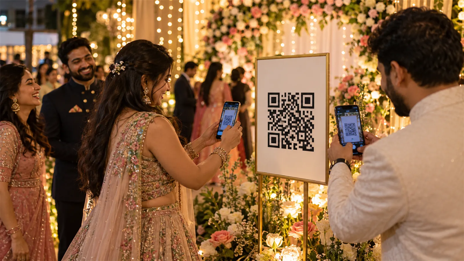 Wedding guests scan a QR code standee with their phones at a flower-decorated photo area