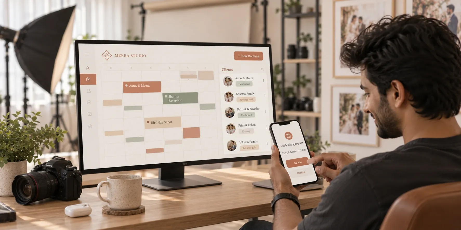 A studio calendar of shoots and client bookings on a desktop, with a new booking on a phone