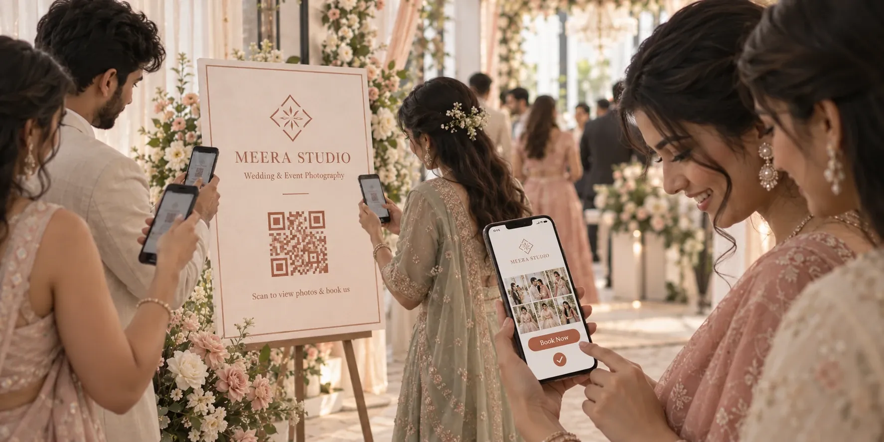 Guests scan a studio-branded QR sign and browse its gallery with a Book Now button