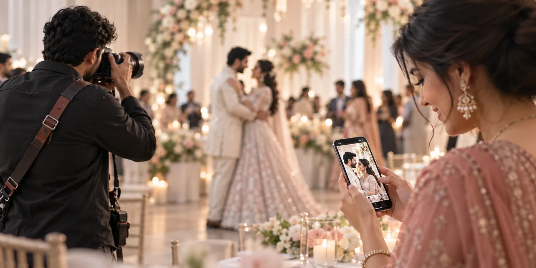A guest views a just-taken photo of the couple on her phone while the photographer is still shooting