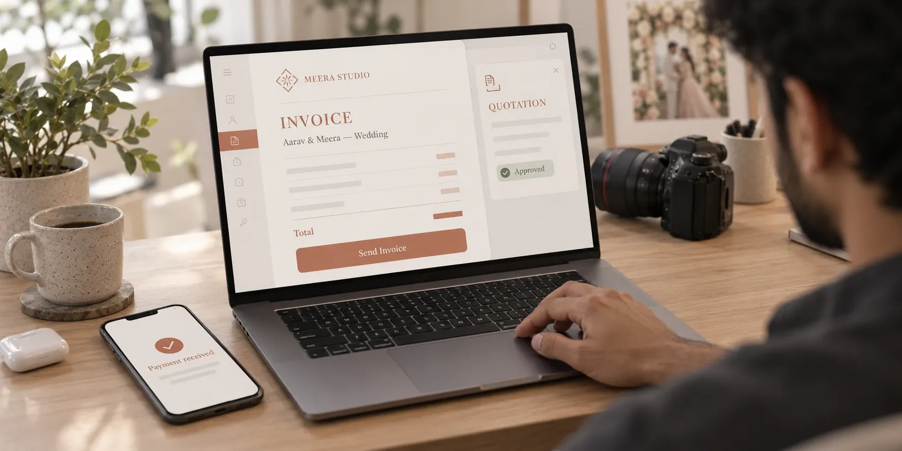 A photographer sends an invoice from a laptop while a phone confirms a payment