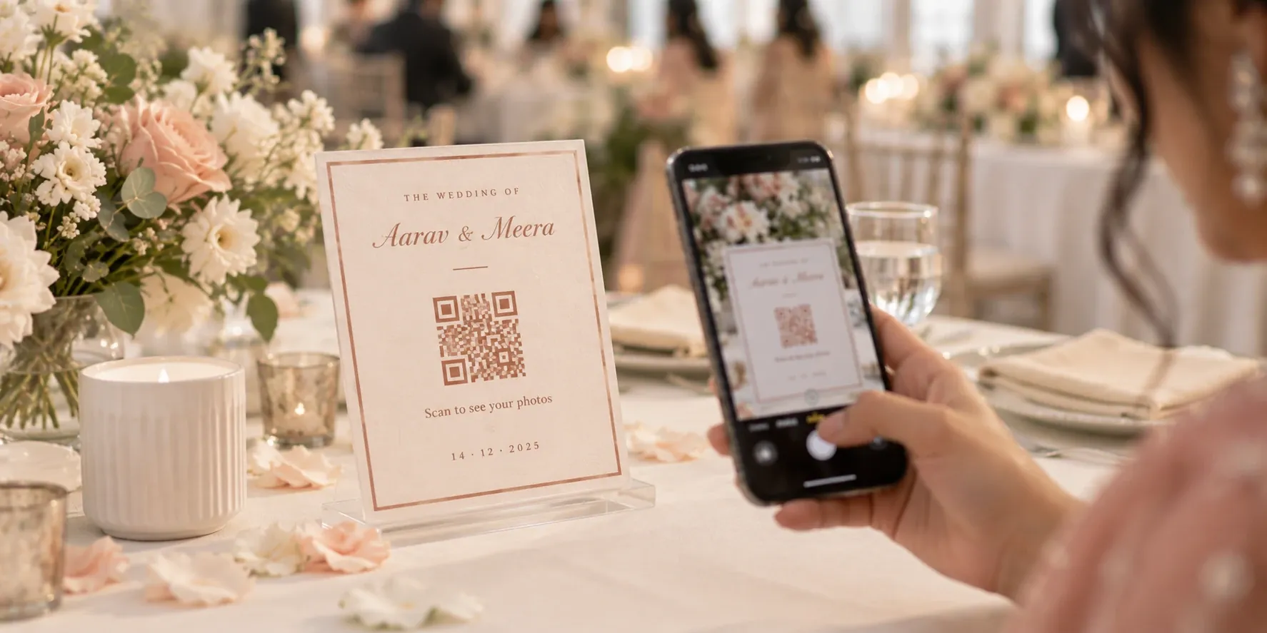 A guest scans the QR code on a wedding table card with her phone