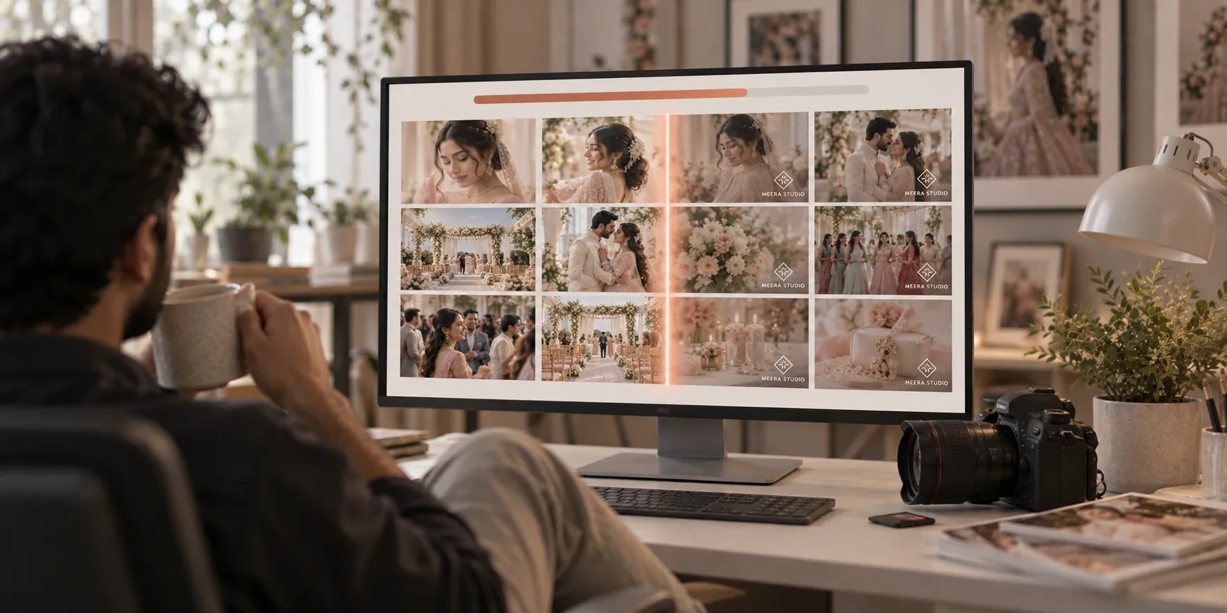 A photographer reviews a gallery of wedding photos, each stamped with the studio's watermark