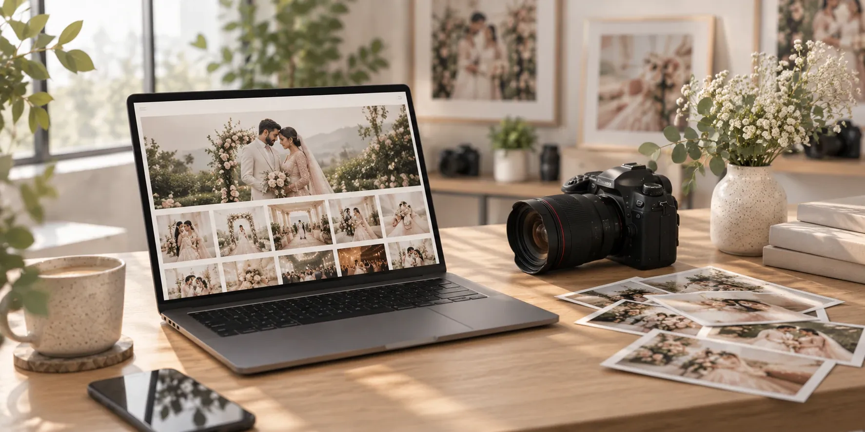 A photographer's portfolio website with wedding photos open on a laptop