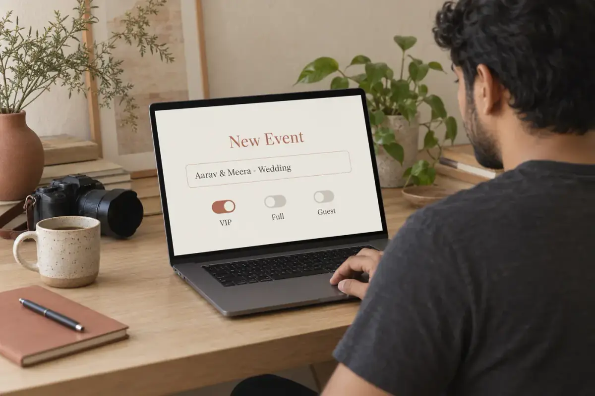 A photographer creates a new wedding event with VIP, full and guest access options on a laptop