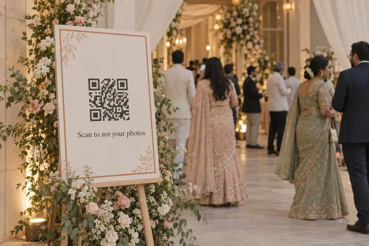 A "Scan to see your photos" QR sign on an easel at the wedding venue