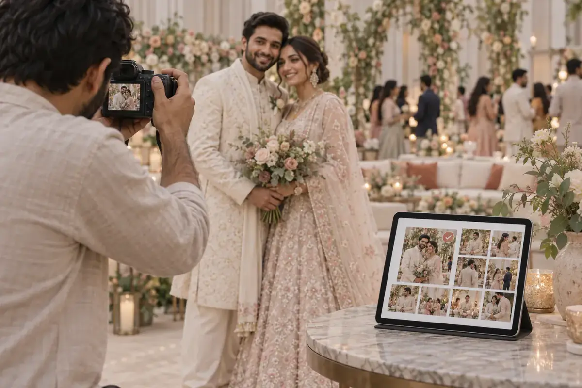 A photographer shoots the couple as the photos appear on a tablet gallery